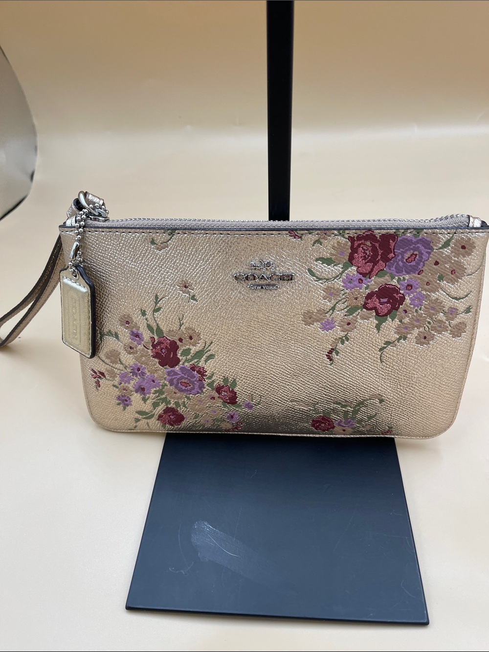 Coach Rare Gold Metallic Floral Wristlet with Pink & Burgundy Blooms